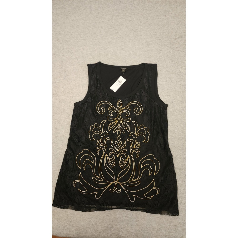Ann Taylor Shirt Womens XS Black Tank Top Lace Overlay Gold Embroidered Baroque‎
